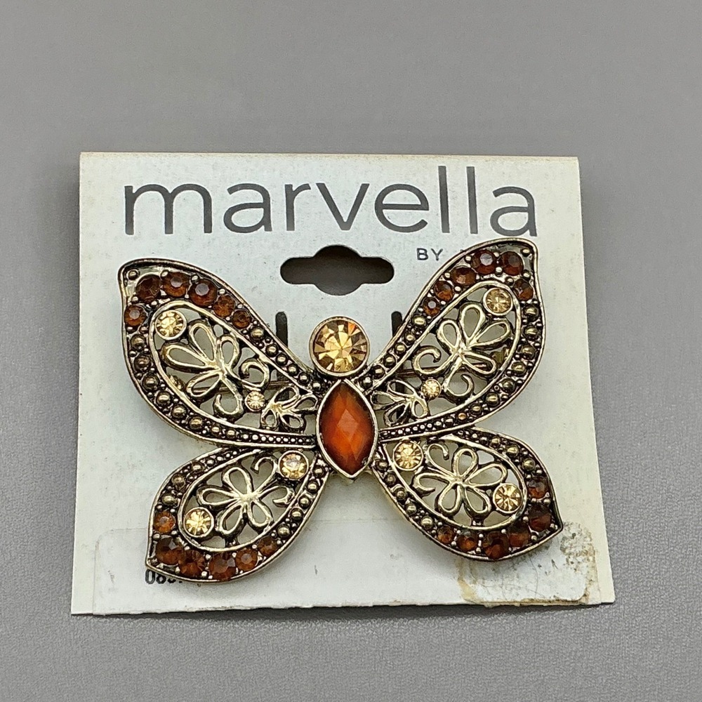 Marvella Brooch Women Gold Tone Butterfly Rhinestone Amber Crystal Pin 2 Inch
